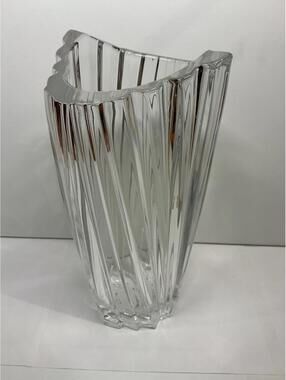 Vintage Clear Ribbed Glass Vase Asymmetrical Rim Heavy Decorative 10”